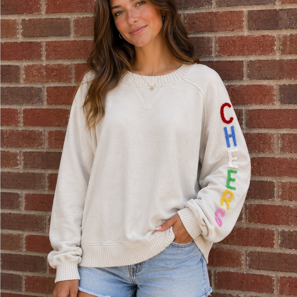Aerie Cheers Sleeve Sweatshirt Cream Oversized Pullover Size M Cozy Preppy